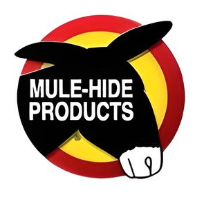 A logo for mule-hide products with a donkey in a red circle