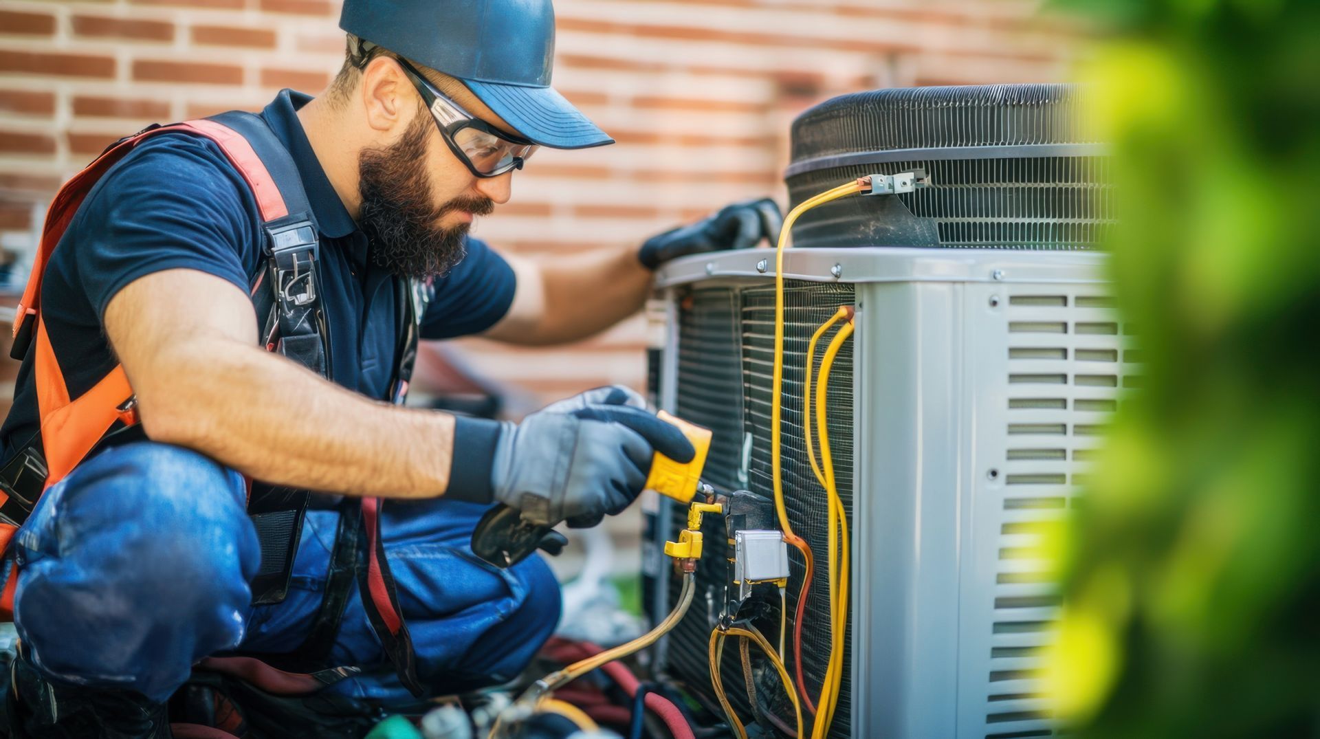 Technician performs maintenance on an air conditioning unit in a residential backyard. Technician performs maintenance on an air conditioning unit in a residential backyard.