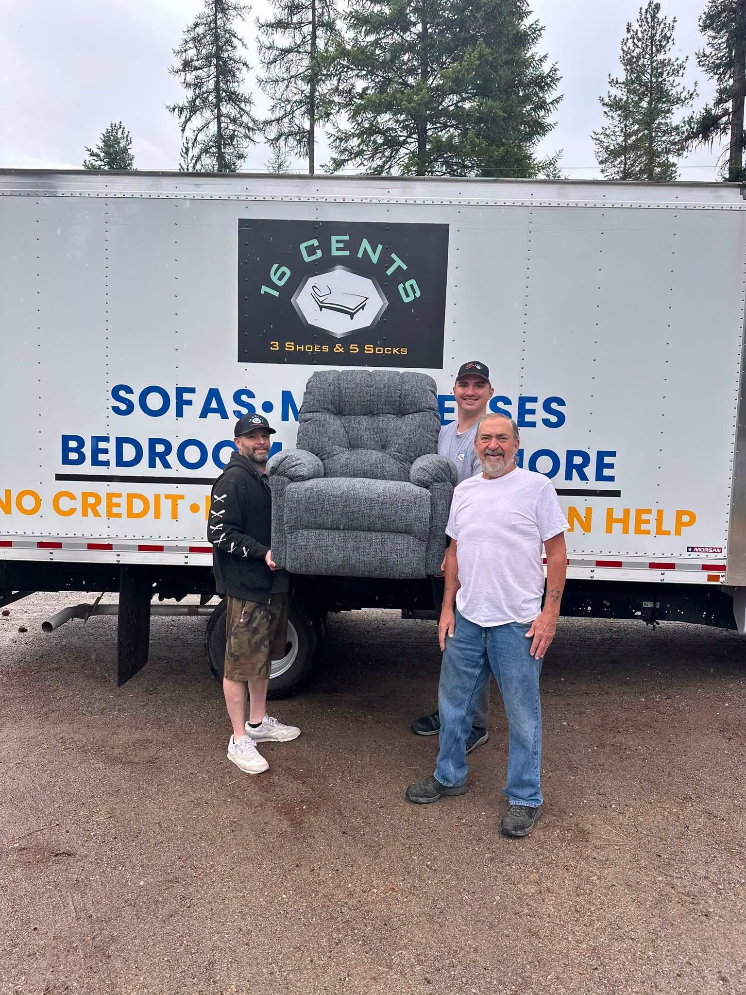 We’re thrilled that one of our neighbors near our new Rathdrum store won the 16 Cents, 3 Shoes & 5 Socks Father’s Day contest.
Richard McGee’s 82-year-old mother, Hazel, told us Richard should win our “Give Dad the Best Seat in the House” contest because he’s a good father and an Air Force veteran. As luck would have it, we pulled his name during our random drawing.
A little over one week after Father’s Day, our team loaded up a brand-new American-made recliner and headed to Richard’s house near Rathdrum.
Richard’s son greeted us and made sure everything stayed on schedule. 
Richard couldn’t believe his good fortune. “I’ve never won anything in my life. I am so grateful. My old recliner was falling apart,” Richard said.
We’re glad that an idea sparked by your mom and supported by your son led to you getting the best seat in the house. We know it’s well deserved!