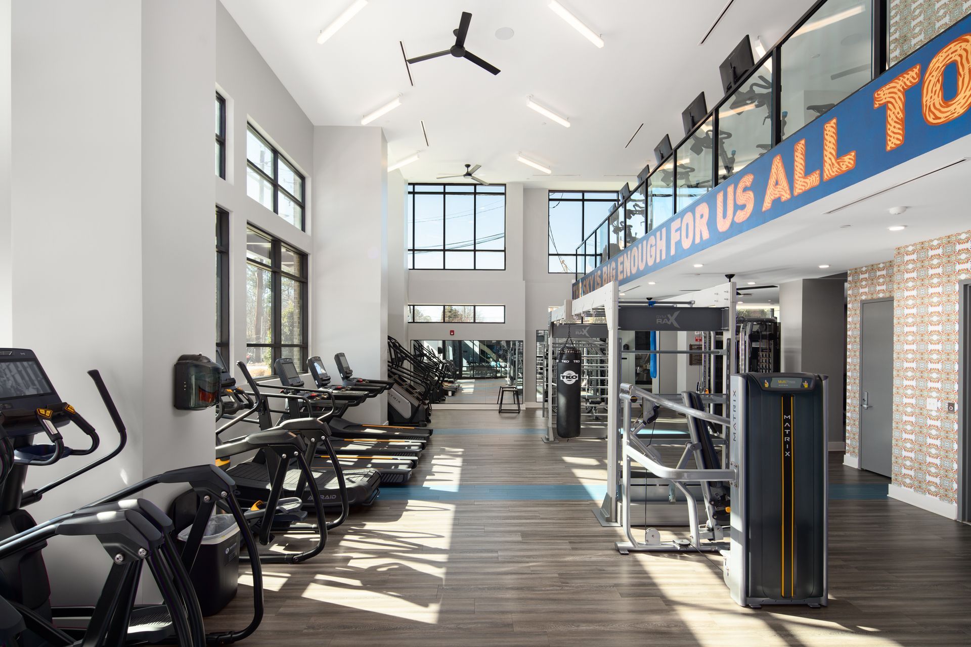 A modern, sunlit gym interior with rows of treadmills, weight machines, and a mezzanine level with blue signage.