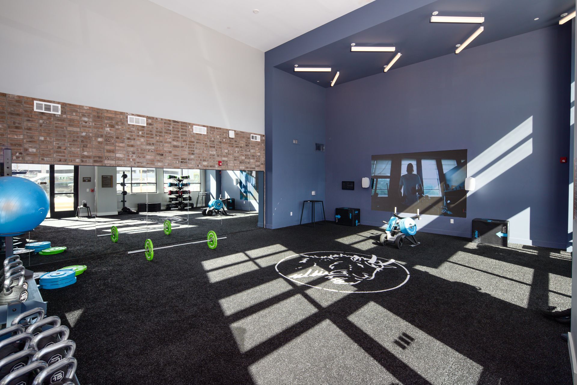 A modern, sunlit fitness room with black rubber flooring, exercise equipment, mirrored walls, and blue accent walls.