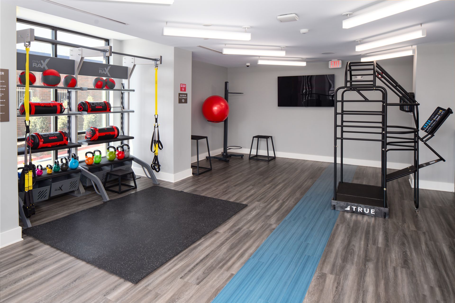 A modern fitness room with a weight rack containing kettlebells and sandbags, a red exercise ball, and a pull-up station.
