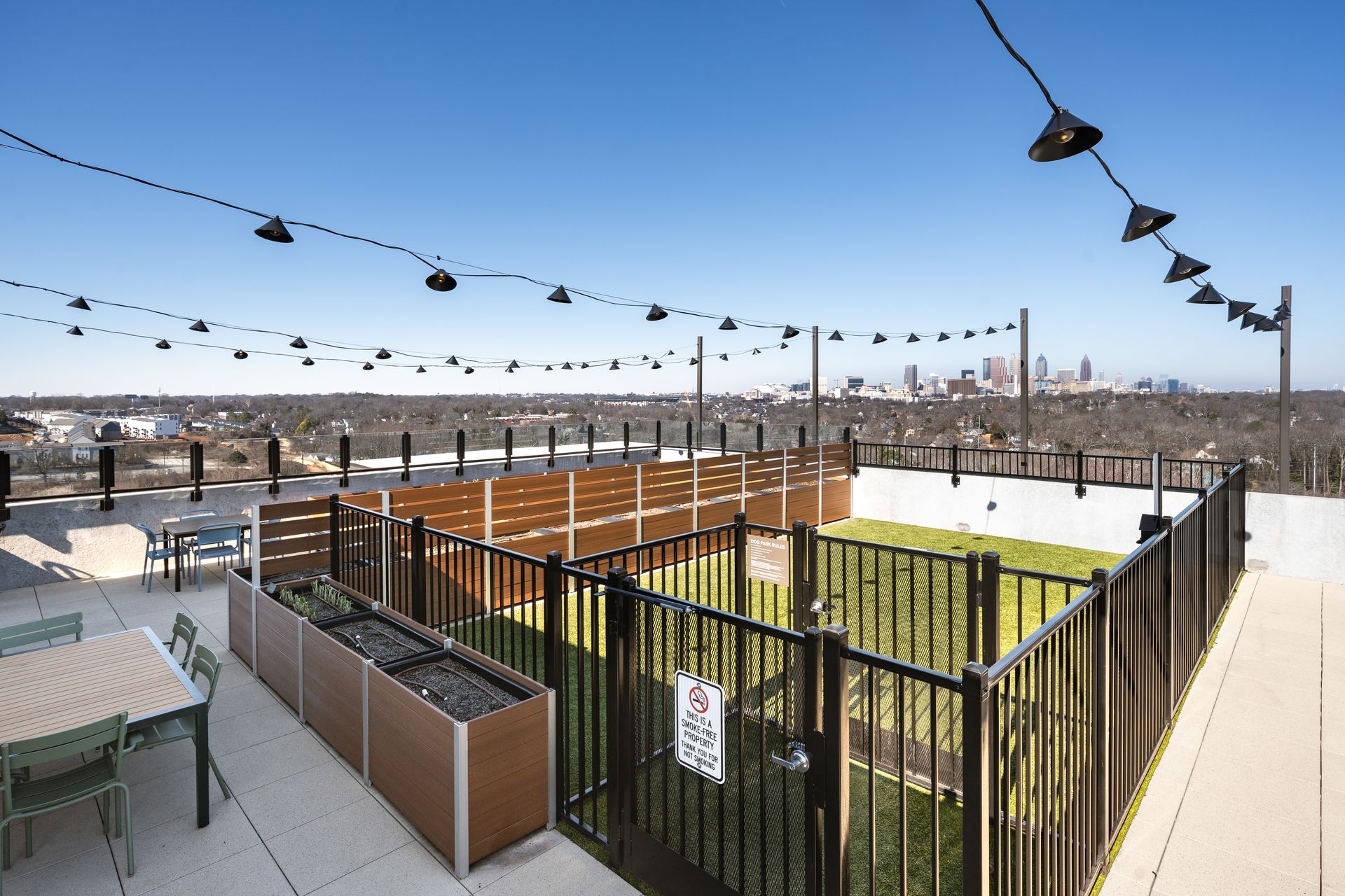 Rooftop terrace with a fenced-in dog run, seating area, and string lights overlooking a city skyline on a sunny day.
