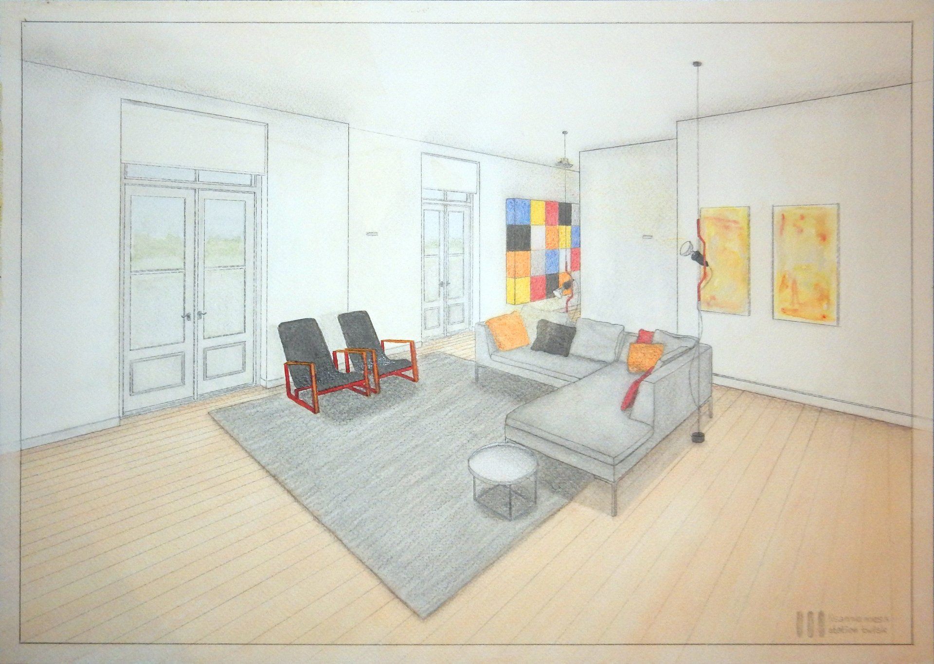 persectief aquarel potlood handgetekend vitra b&b italia charles antonio citterio pastoe