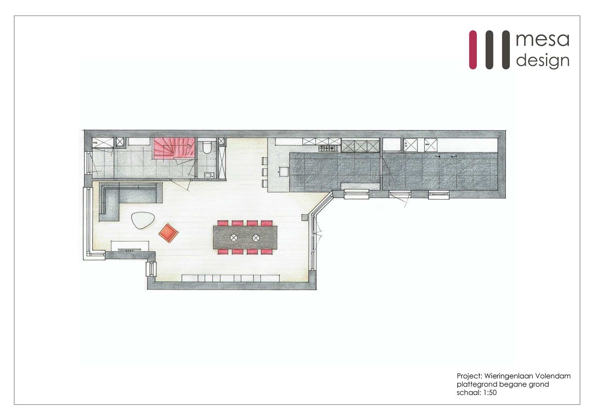 plattegrond begane grond vitra woonkamer keuken nova mobili orange slice hoekbank oranje eiken vloer vlinderjaloezieen artifort ontwerp interieur design