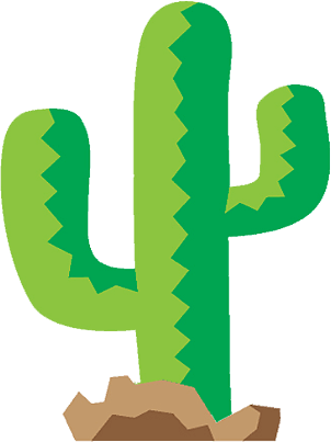 A cartoon cactus with light and dark green segments, standing in a small patch of brown soil.