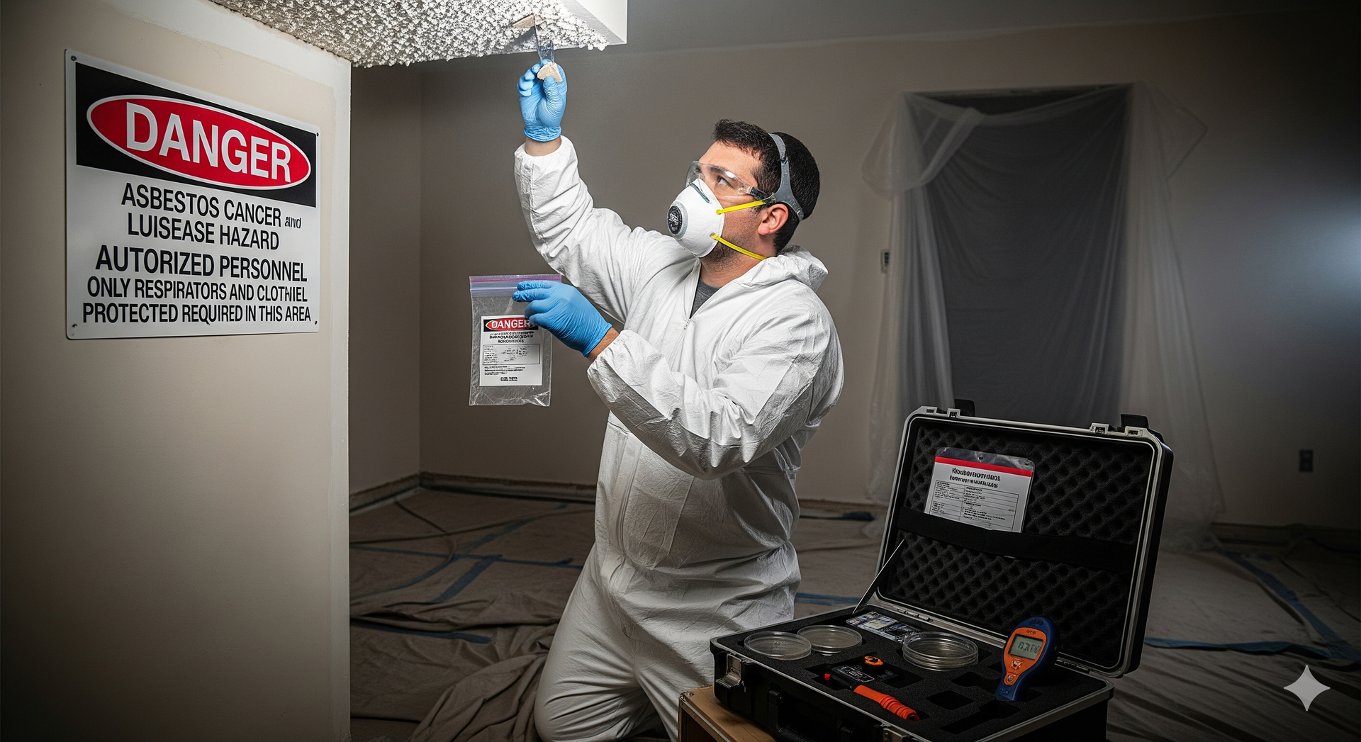 A professional in protective gear samples a ceiling for asbestos, standing near a danger warning sign.