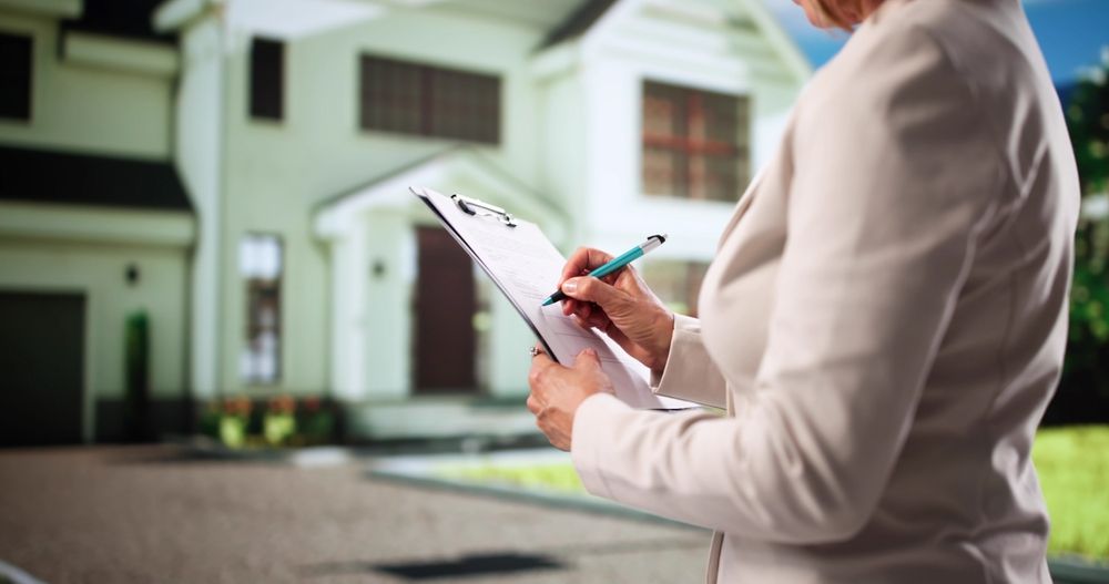A person in a light-colored suit writes on a clipboard in front of a house.