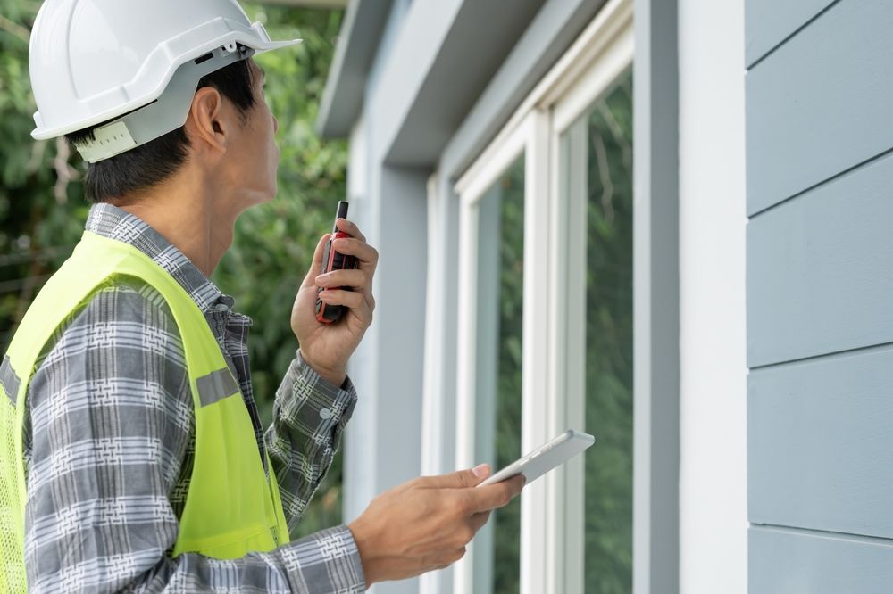 A worker in a high-visibility vest and hard hat holds a walkie-talkie and a tablet while inspecting a building exterior.