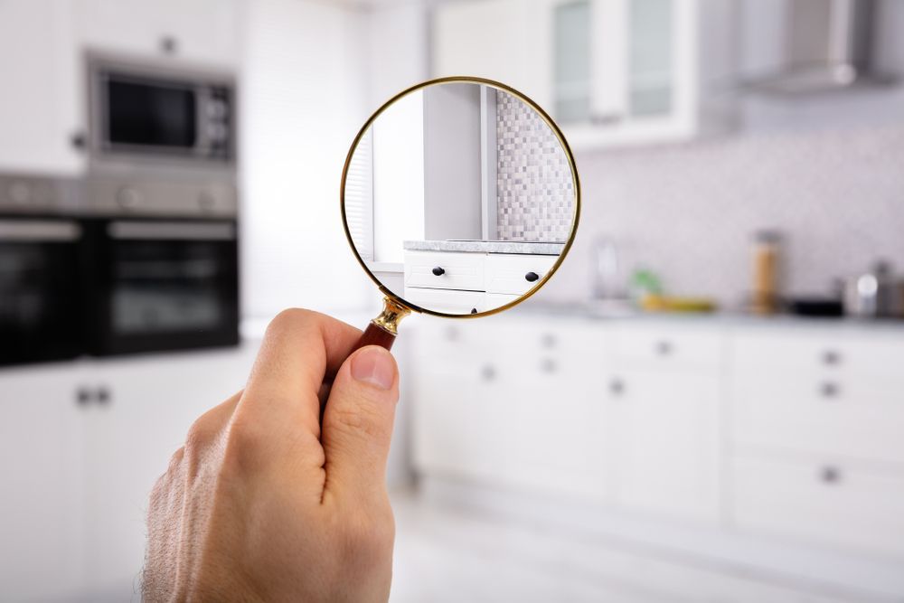 A hand holds a magnifying glass, focusing on a white cabinet in a bright, modern kitchen.