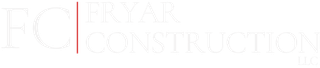 Logo for Fryar Construction, in light gray font on white background, with thin maroon line.