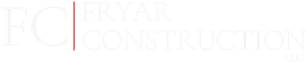 Logo for Fryar Construction, in light gray font on white background, with thin maroon line.