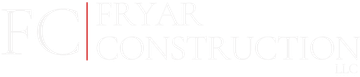 Logo for Fryar Construction, in light gray font on white background, with thin maroon line.