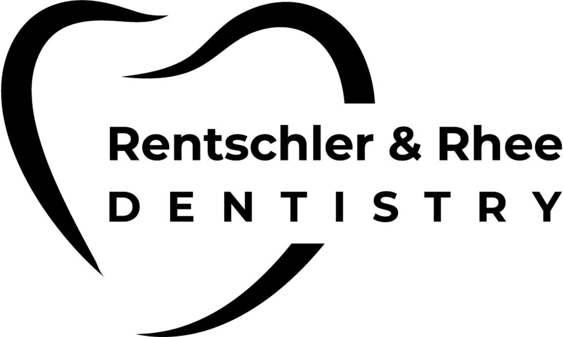 A black and white logo for rentschler & rhee dentistry.