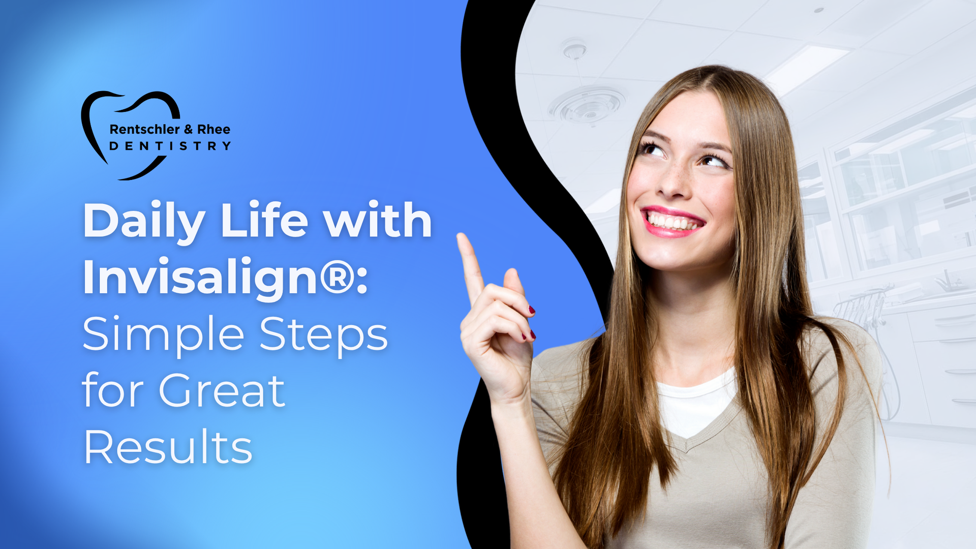 Woman pointing up, smiling, promoting Invisalign, with clinic logo and title 