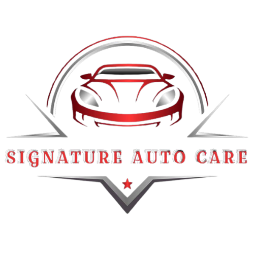 a logo for signature auto care with a red car and a star .