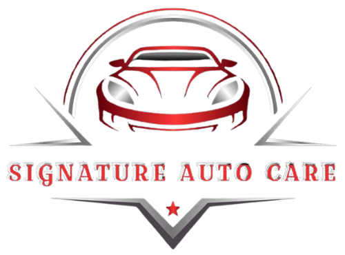 a logo for signature auto care with a red car and a star .