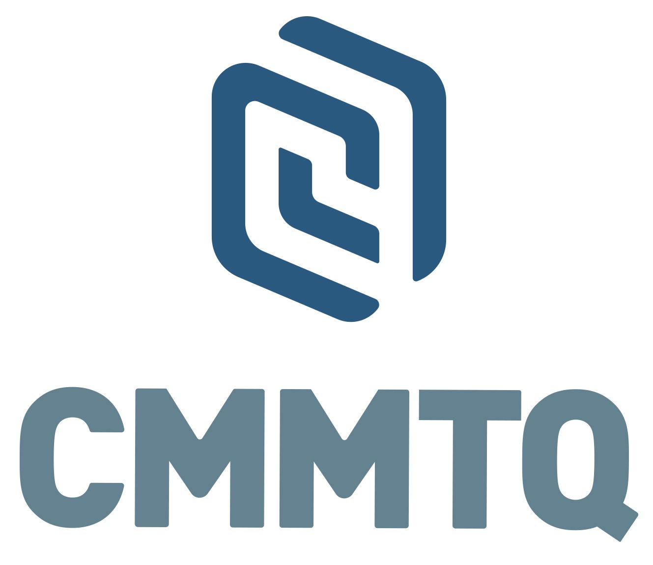 Le logo de cmmtq est bleu et blanc et ressemble à un hexagone.