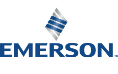 Le logo d'Emerson est bleu et argent avec un carré au milieu.