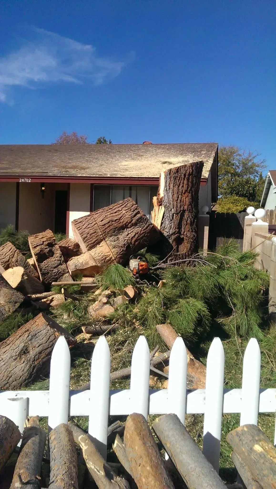 A pile of logs is sitting in front of a house next to a white picket fence.