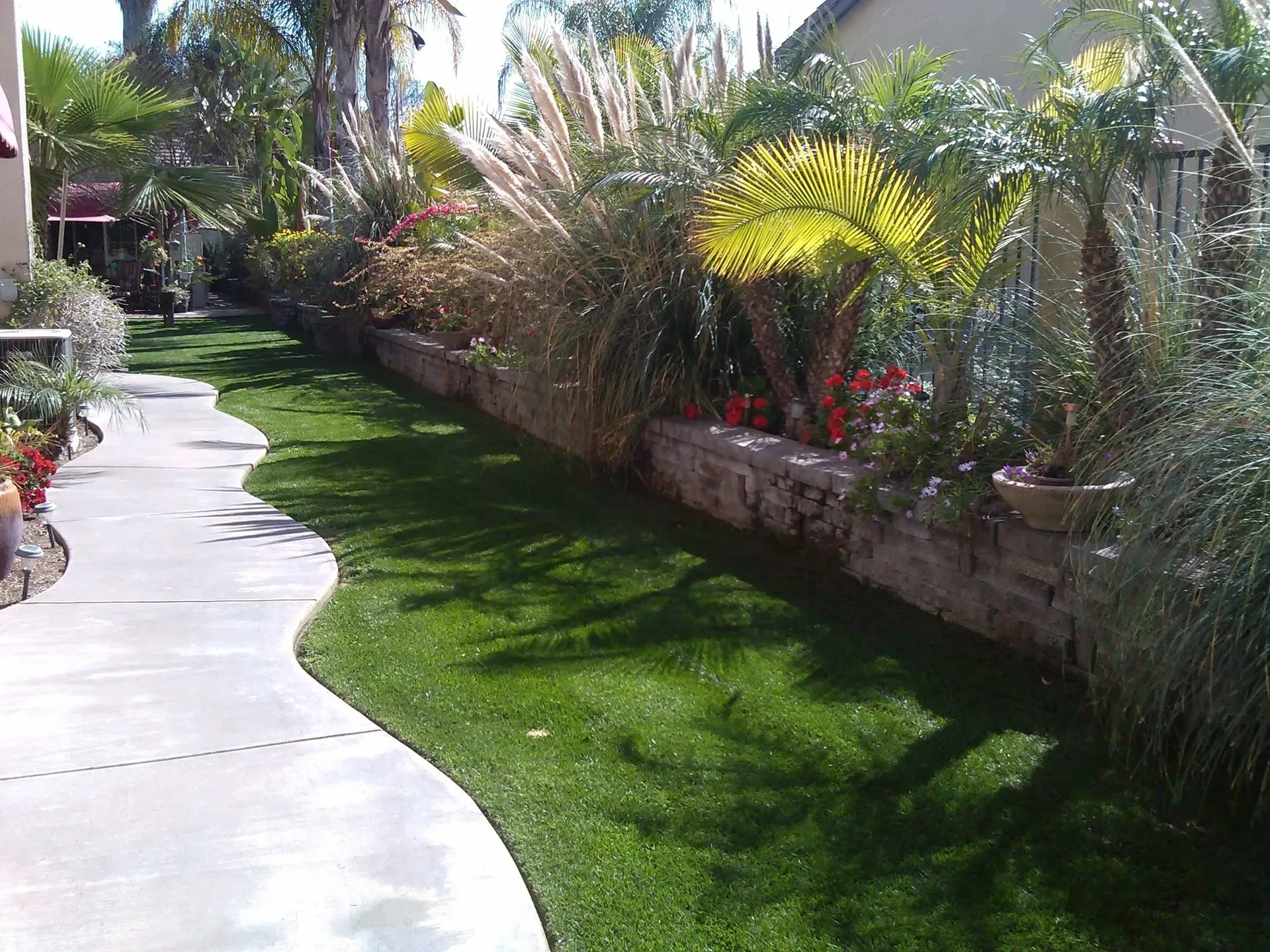 A lush green lawn with palm trees and flowers