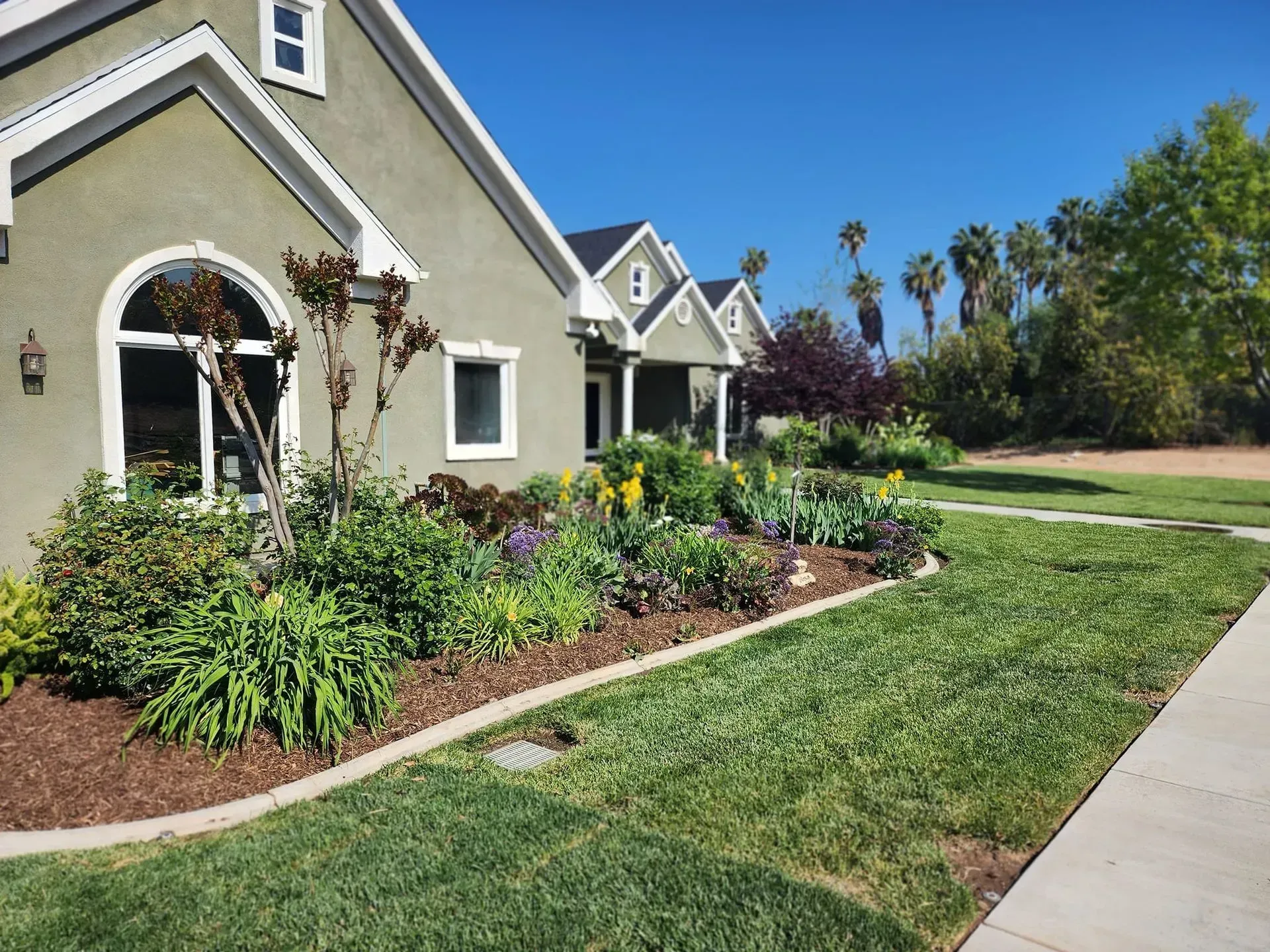 A house with a lush green lawn and a sidewalk in front of it
