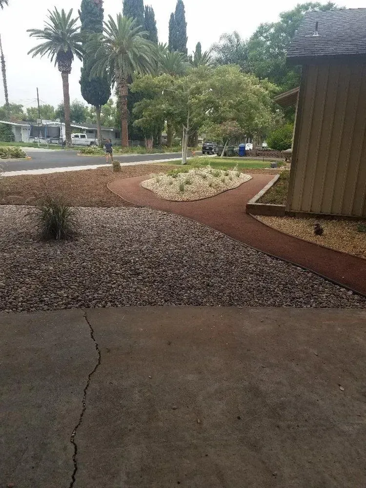 A concrete driveway leading to a house with palm trees in the background
