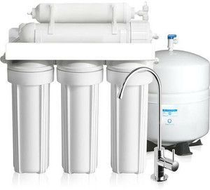 Reverse osmosis water filter system with white filters, faucet, and storage tank.