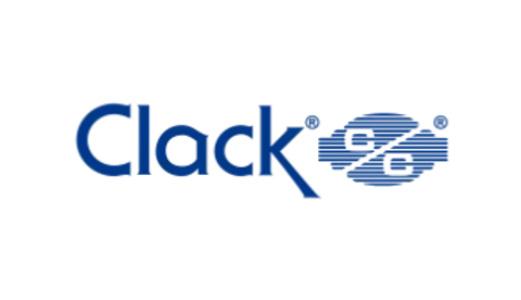 A blue and white logo for a company called clack