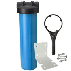 A blue water filter with a wrench and screws
