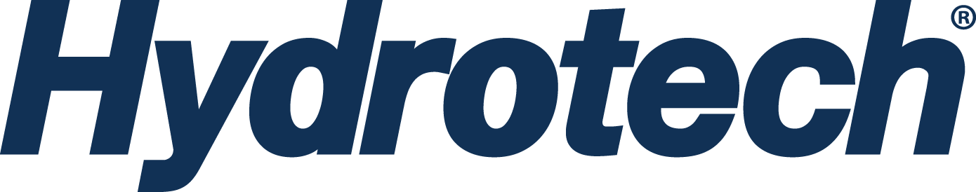 A blue hydrotech logo on a white background