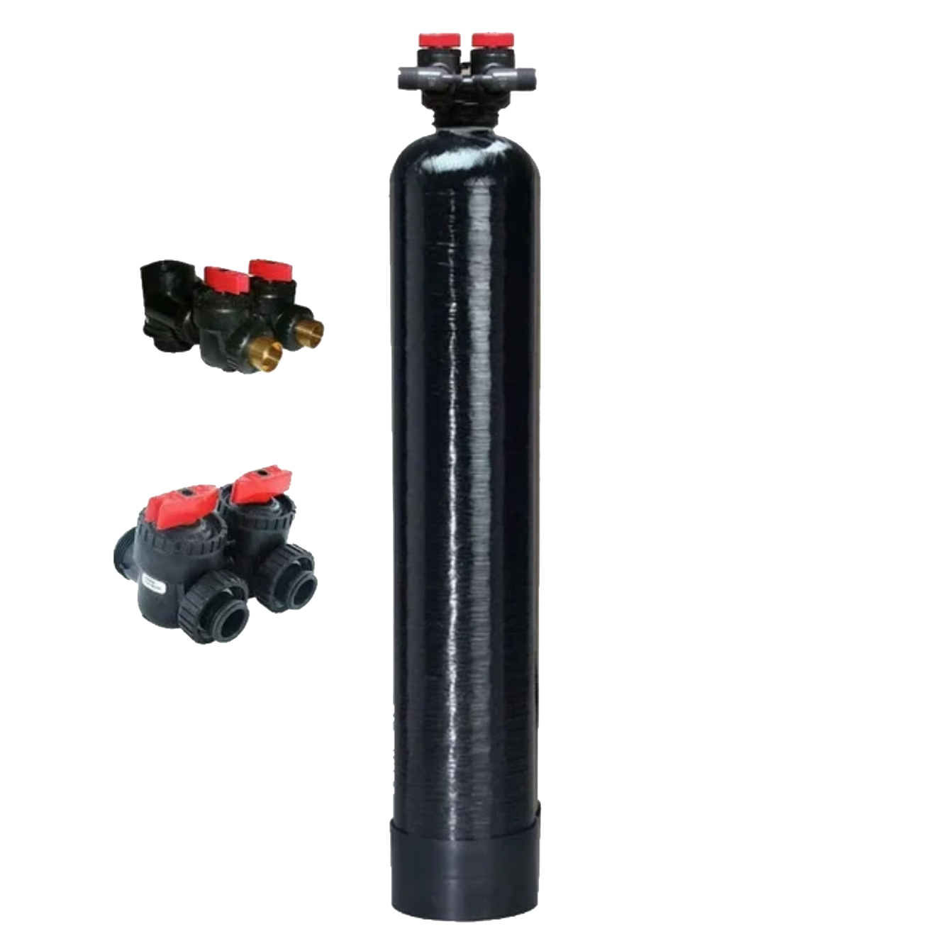 A black water filter with red valves on a white background.