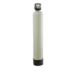 A white water filter with a black base on a white background.