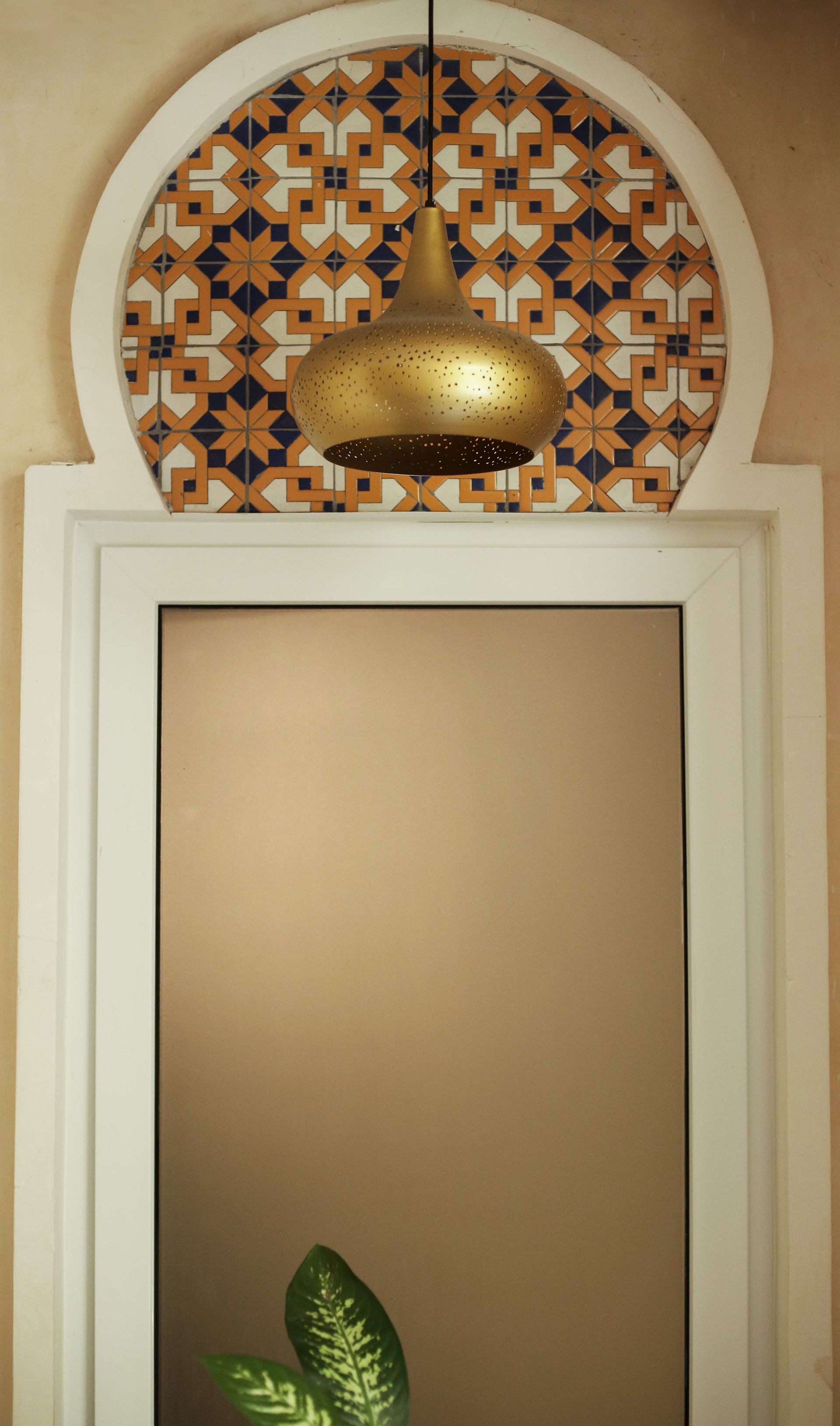 A mirror with a pendant light hanging from it and a plant in front of it.