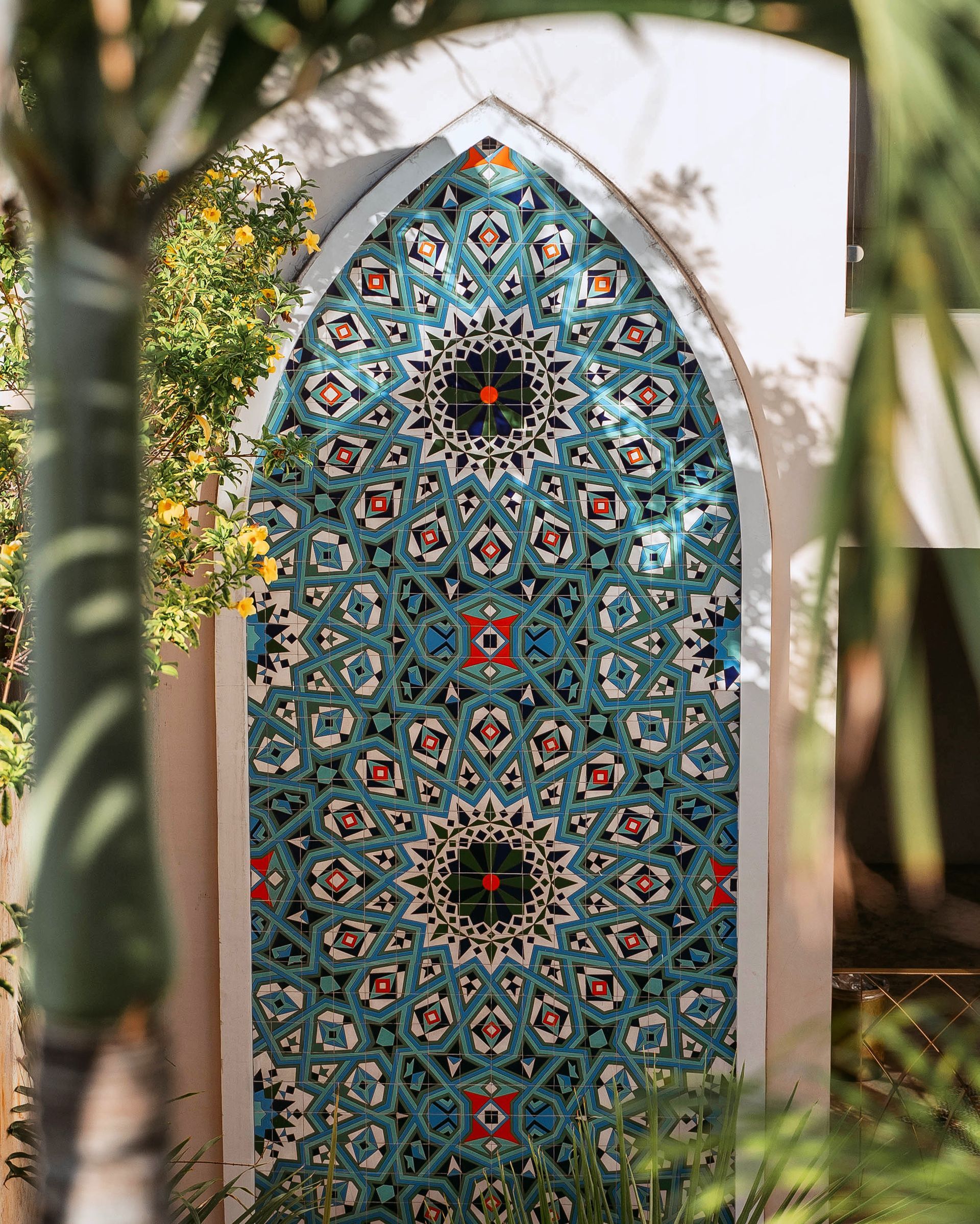 A door with a floral pattern on it is surrounded by plants.