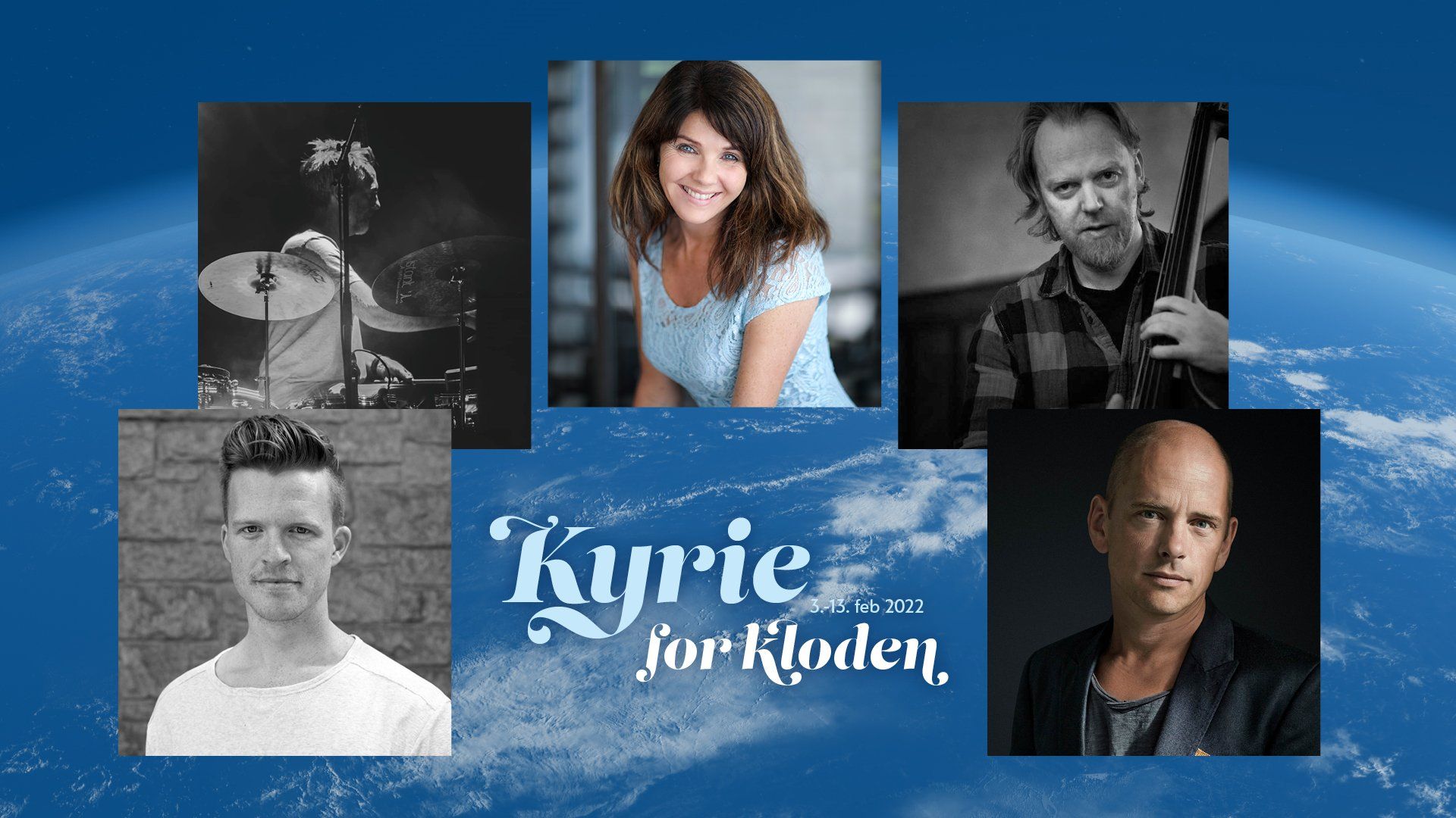 En gruppe mennesker står foran en blå bakgrunn som sier kyrie for kloden