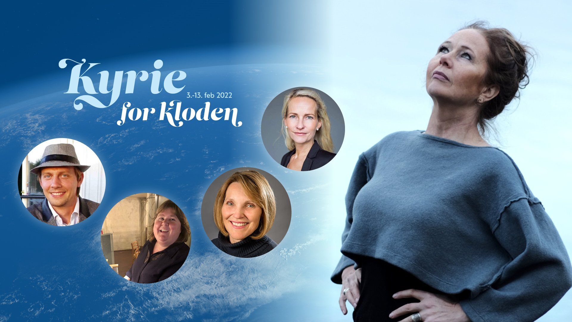 En kvinne står foran en plakat for kyrie for kloden