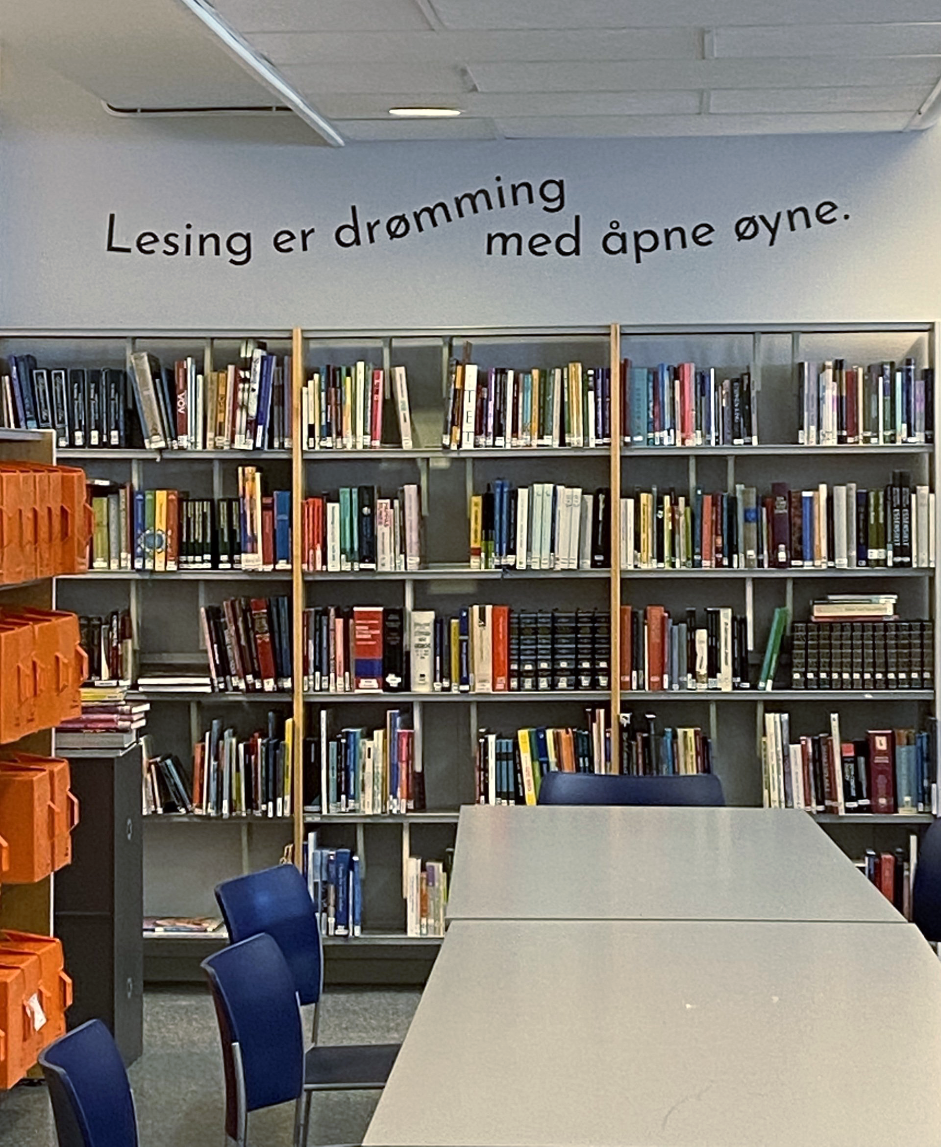 Et bibliotek med et skilt som sier lesing er drømming med åpne øyne