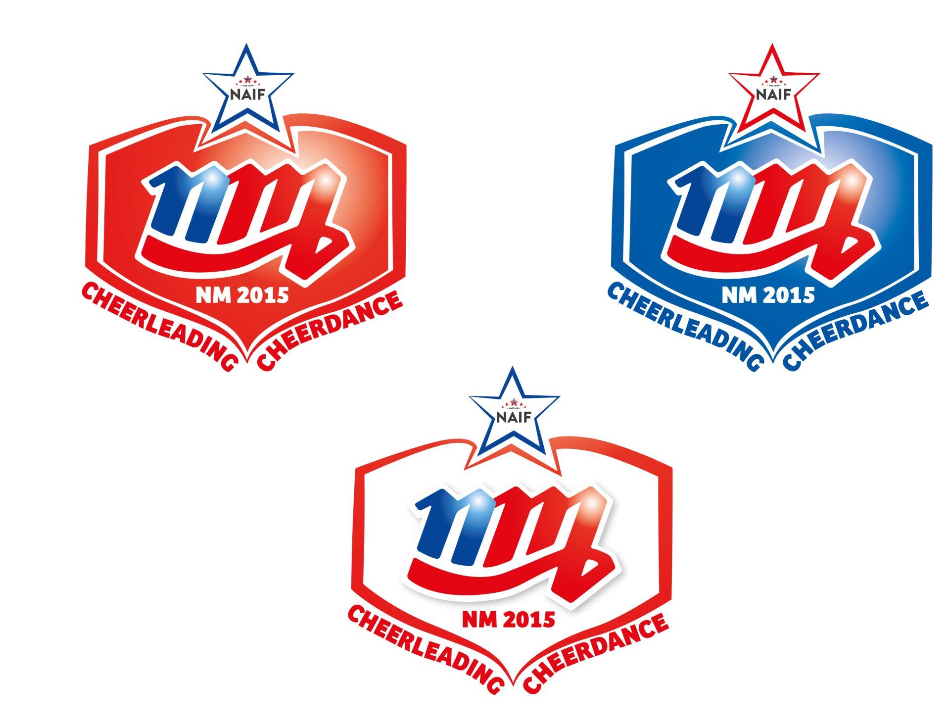 Tre logoer for cheerleading vises i rødt, blått og hvitt