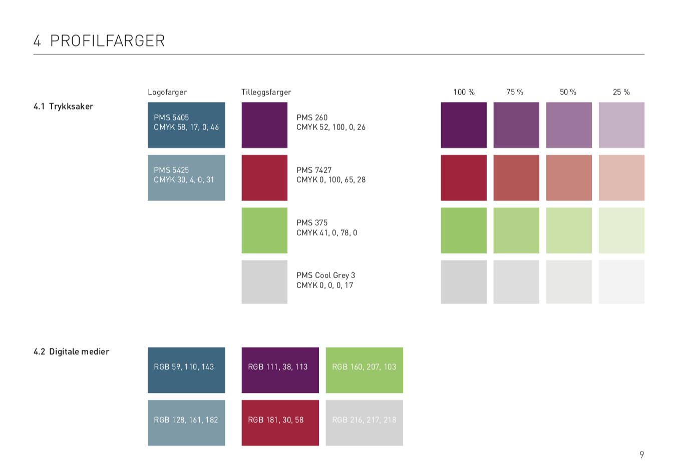 En fargepalett med lilla og grønne firkanter på hvit bakgrunn