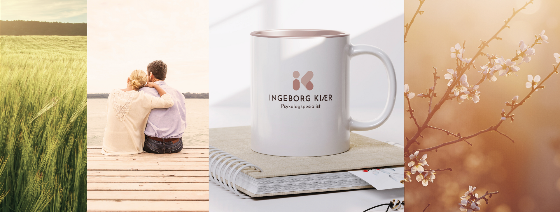 En collage av bilder av et par, et krus og blomster.