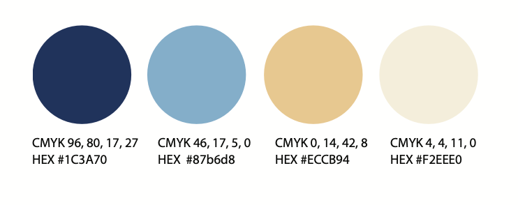 Fargepalett med fire sirkler: marineblå, blå, brun og kremfarget med deres respektive CMYK- og HEX-verdier.