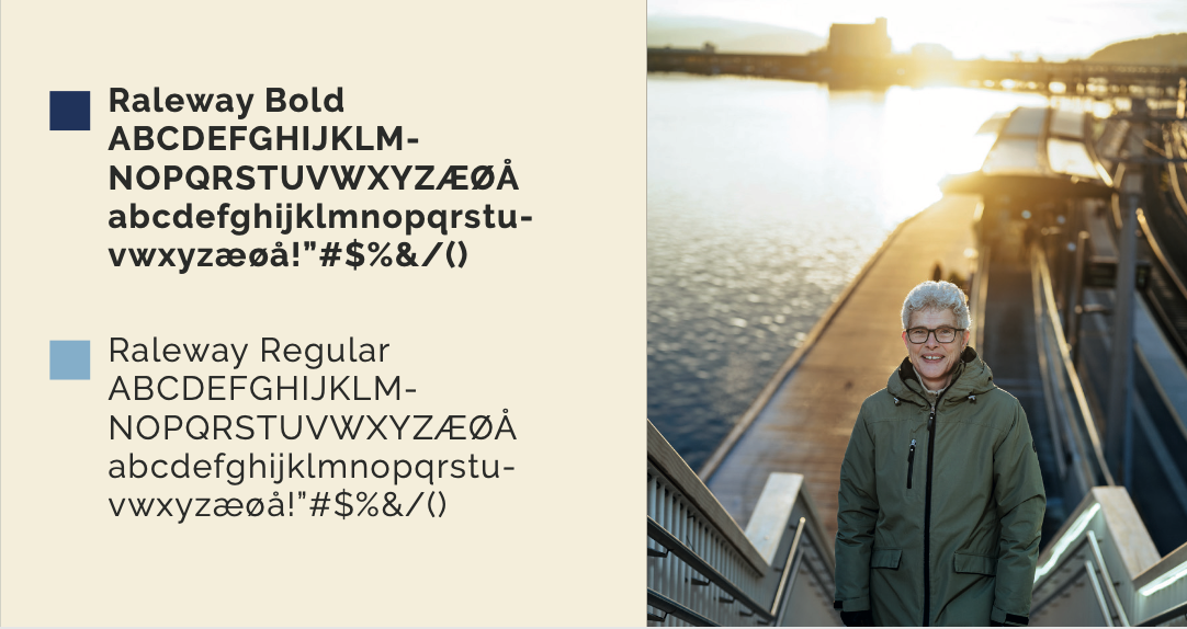 Mann på trapp ved vann, med skrifttypeeksempler: Raleway Bold & Regular.