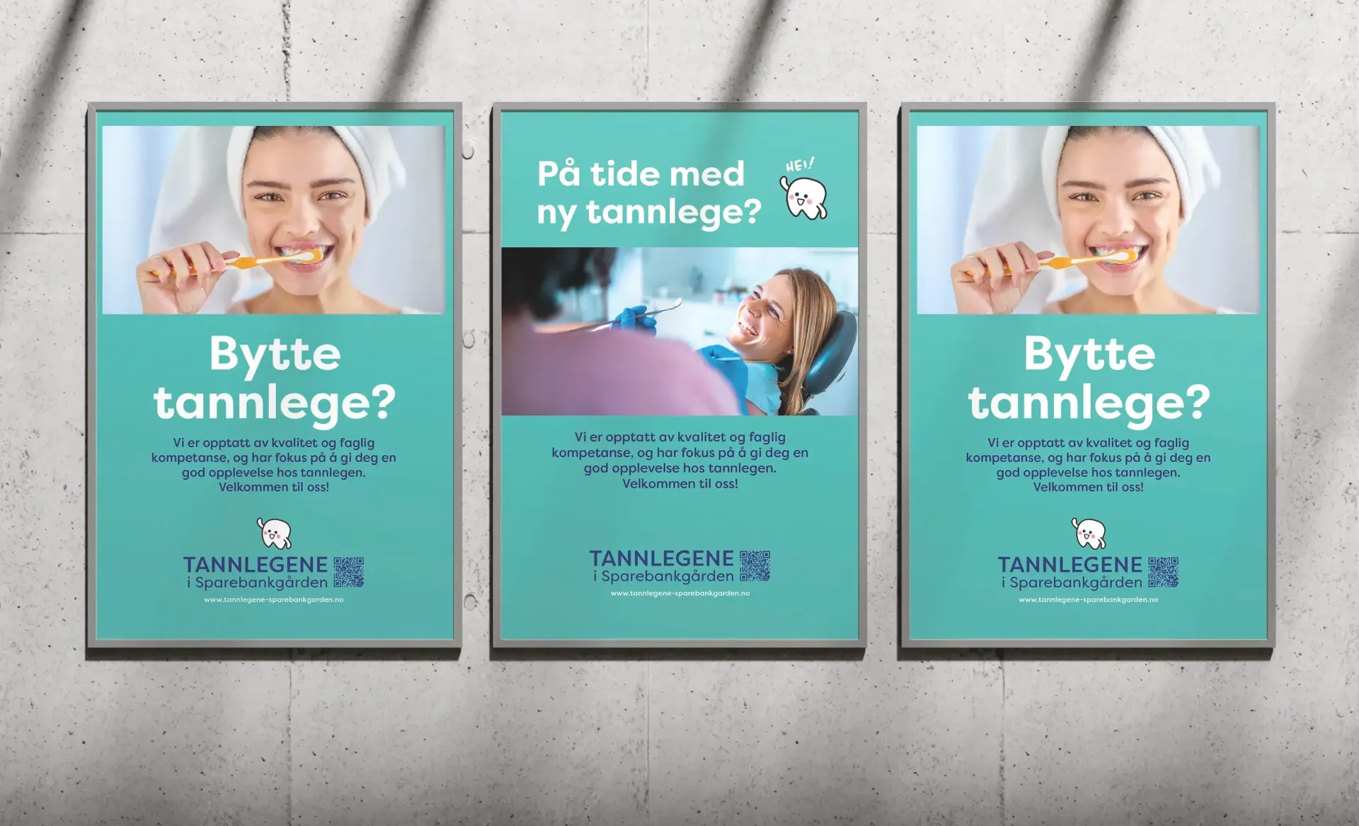 Tre plakater på en vegg som sier bytte tannlege