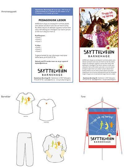 En brosjyre, t-skjorte, bukser og banner for en skole.