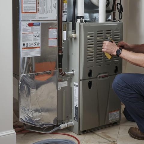 Technician adjusting a gas furnace beside wrapped ductwork in a utility closet