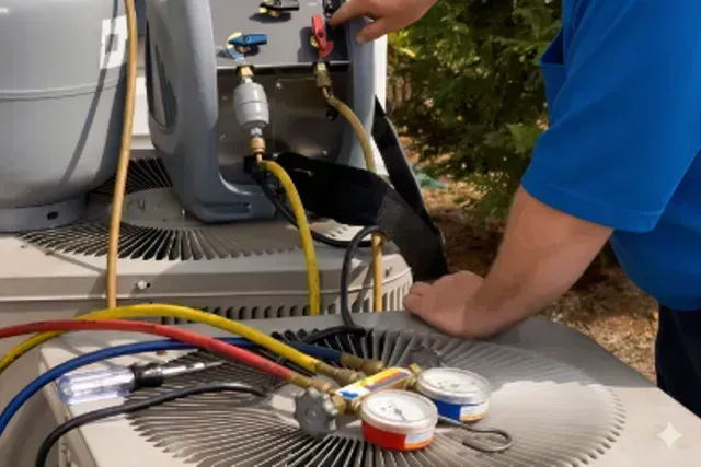 Technician servicing HVAC unit with gauges and hoses attached outdoors.