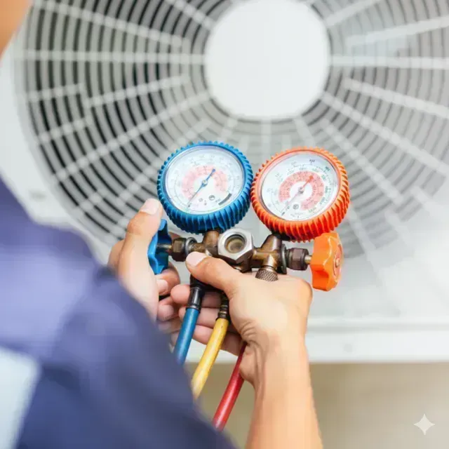HVAC technician holding manifold gauges with blue and red dials in front of an outdoor AC unit