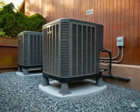 Two outdoor HVAC units on gravel beside a wooden building and fence.