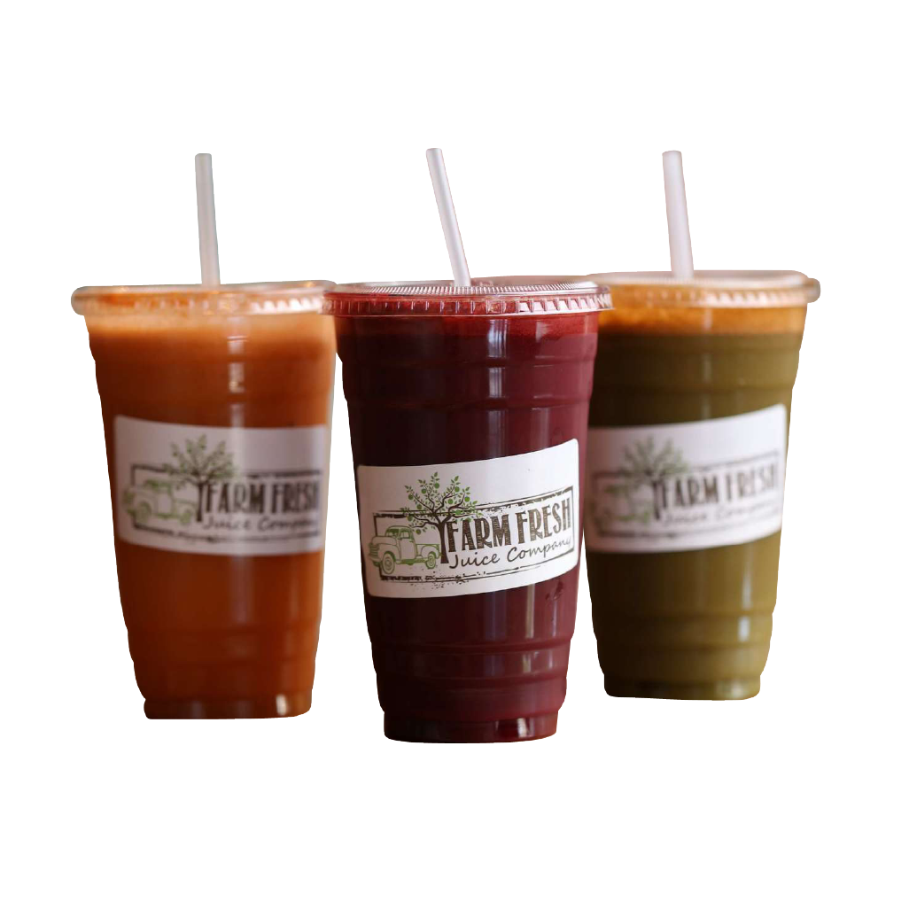 Three cups of juice with straws from farm fresh